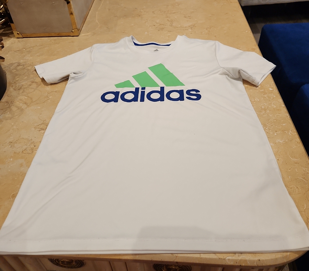 adidas White Tee with Green Logo and Blue Text